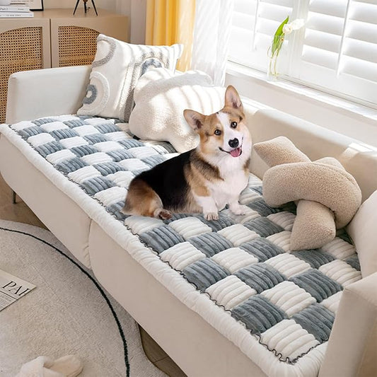 FunnyFuzzy Cream-Coloured Plaid Square Pet Mat Bed Couch Cover, Winter Thickened Dog Bed Cover Pet Blanket Sofa Couch Furniture Protector for Kids Dog Cat(Size:27.6 * 70.9 in,Color:Grey)