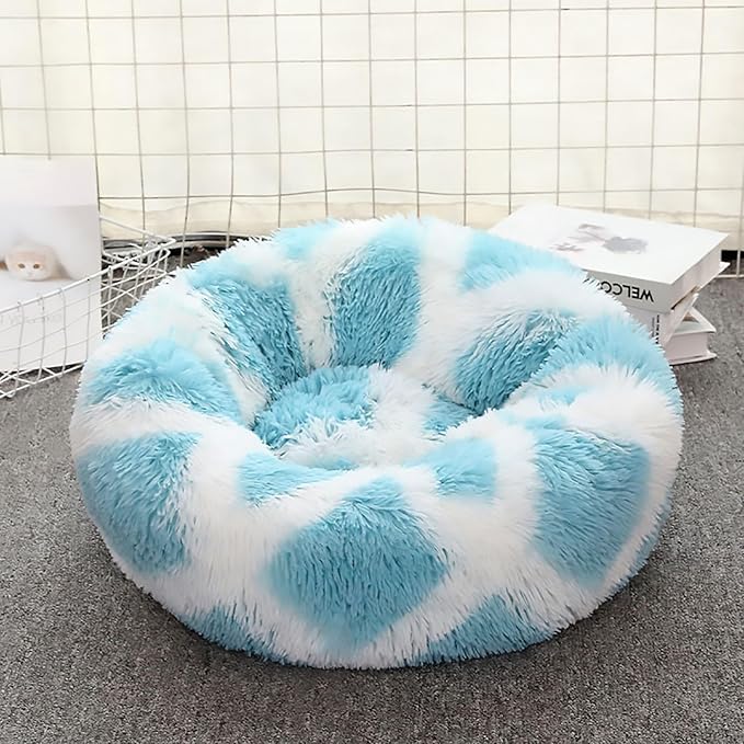 Calming Dog Bed for Small Dogs, Calming Donut Cuddler Pet Bed Anti Anxiety Round Dog Bed Fluffy Plush Faux Fur Cat Bed,Blue+White,35.5IN