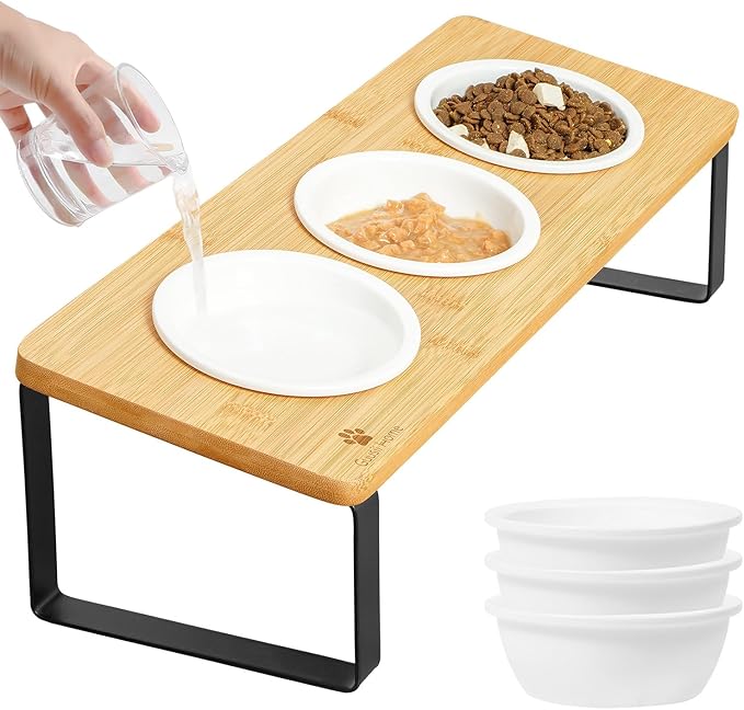 Sunhoo Elevated Cat Bowls for Indoor Cats Raised Tilted Food Water Kitty Dish Stand with 6 Ceramic Bowl Set Orthopedic Wooden Pet Feeder Feeding Sation Reduces Vomiting 4.7in Easy Assembly(Yellow)