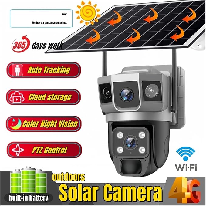 for Outdoor Camera Battery CCTV Monitor 4G SIM Card Network IP Security Pet Camera Motion Detection 3 Screen PTZ Camera(WiFi CCTV 64G Card)