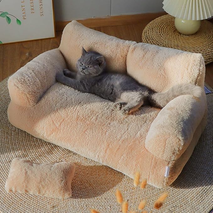 Soft Fluffy Self-Warming Cat Bed | Washable Pet Sofa for Indoor Cats & Small Dogs | Cute Princess-Inspired Kitten Couch & Puppy Bed(Light Orange,25.59''*18.11''*11.81'')