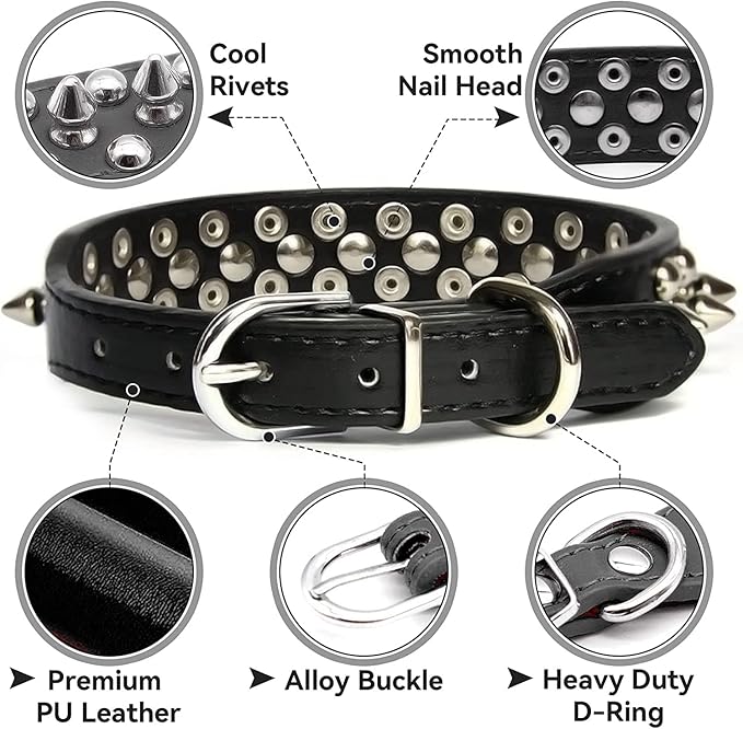 Spiked Dog Collar Soft Pu Leather Mushrooms Rivet Spike Studded Puppy Adjustable Pet Collars for Small Breeds (XS, Red Set)