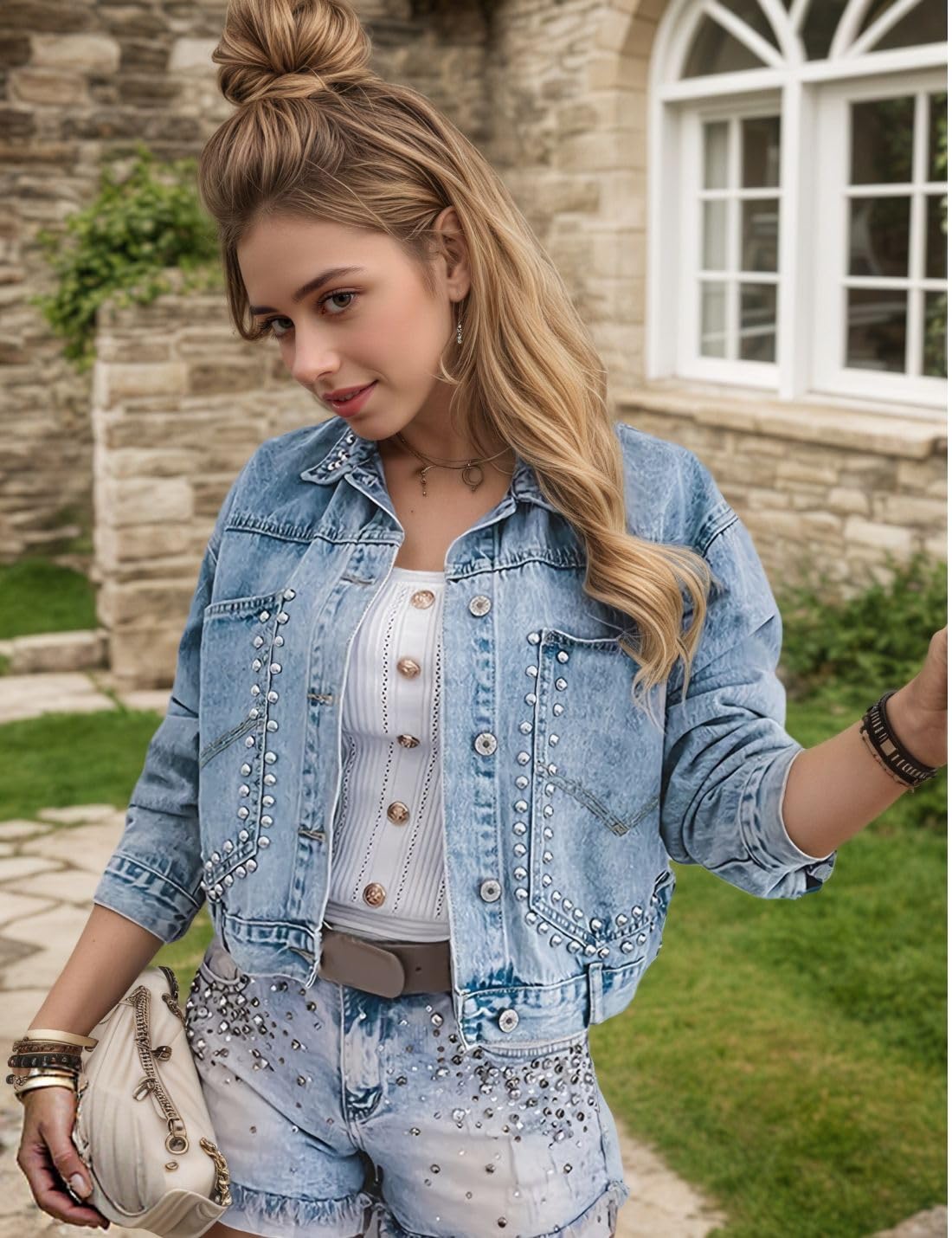 Kwoki Women's Studded Denim Jacket Casual Long Sleeve Western Distressed Rivet Cropped Jean Coat KF1387 Light Blue S