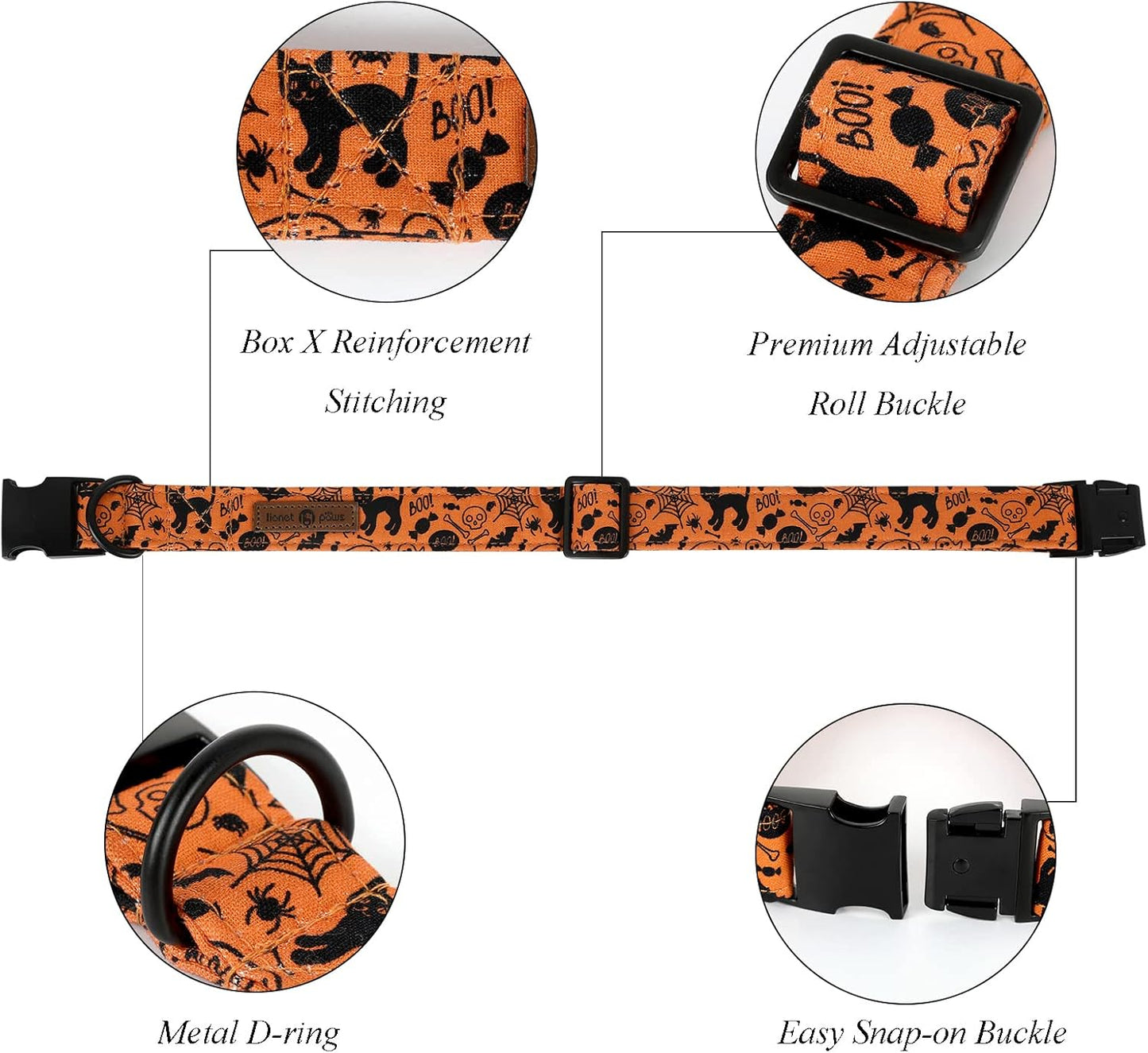 Lionet Paws Halloween Dog Collar with Bowtie - Cute Cotton Adjustable Fall Bowtie Dog Collar with Metal Buckle for Small Medium Large Dog Girl Boy Gift, XXS, Neck 7-11in