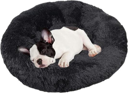 huraty Plush Calming Dog Bed, Faux Fur Donut Cuddler Bed for Cats, Anti-Skid & Anti-Anxiety, 20 Inch for Puppy and Kitties, Black, S