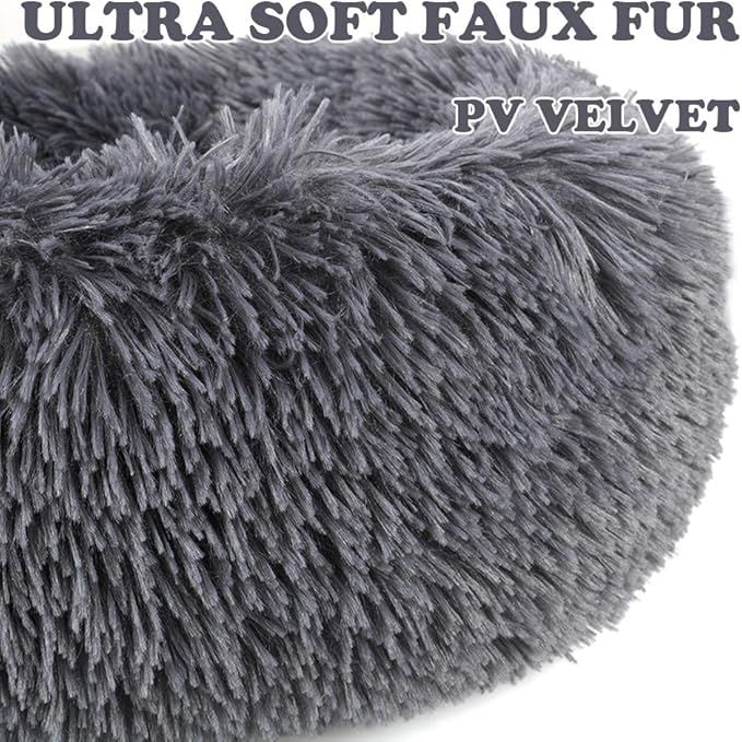 otoez Round Donut Dog Bed for Small Dogs, Washable Cat Calming Bed Cuddler Anti Anxiety Fluffy Plush Dog Cat Bed with Non-Slip Waterproof Bottom (23.6", Dark Grey)