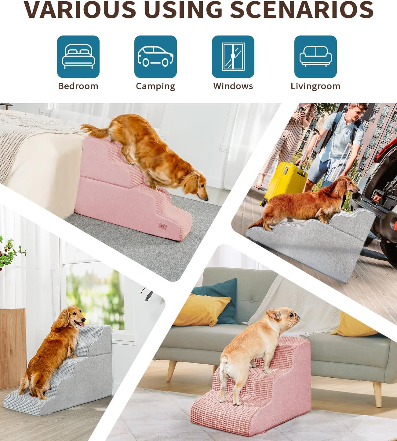 Dog Step for Bed, Dog Stair 3-Step 35D Pet Stair 15.7" H for High Bed or Sofa Non-Slip Balanced Pet Step Indoor, Pink