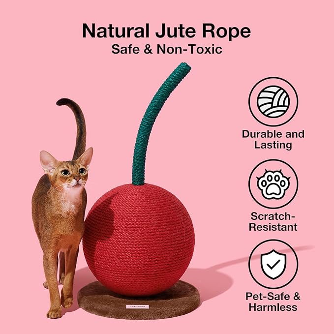 VETRESKA Cherry Cat Scratching Post, 22.64" Tall Cat Scratcher with Sisal Rope Ball, Vertical Cat Scratch Post Claw Scratchers for Indoor Cats, Kitten Supplies