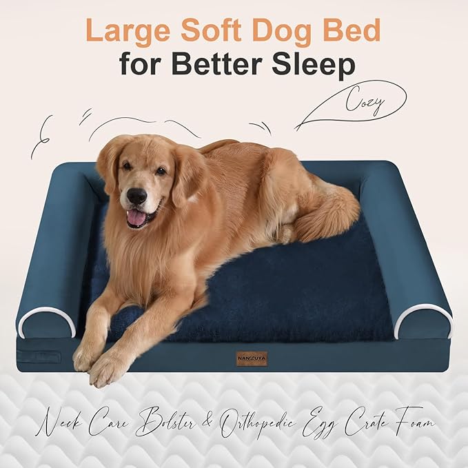 Medium Large Dog Bed Orthopedic Washable: Beds Bolster Medium Large Sized Dog Bed Egg Crate Foam Couch Sofa Waterproof with Removable Cover - Navy Blue