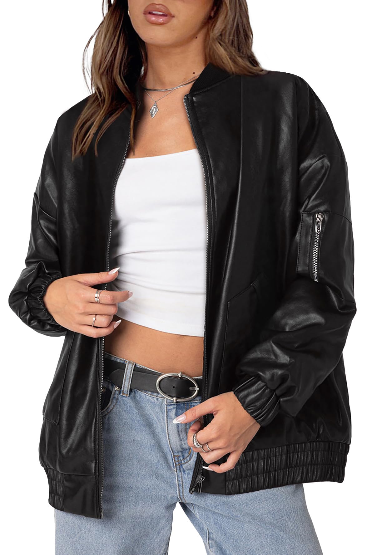 XIEERDUO Leather Jacket Women Faux Oversized Motorcycle Bomber Coats 2025 Fall Fashion Outfits Winter Clothes Black 2XL