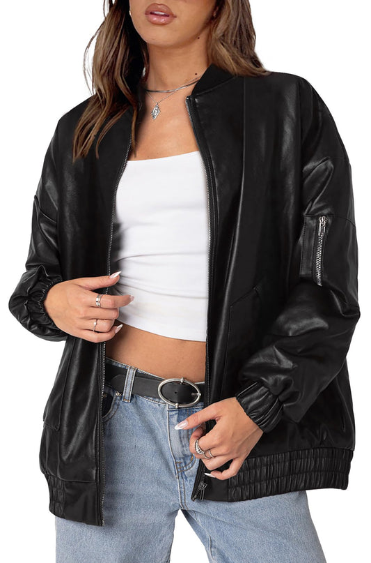 XIEERDUO Leather Jacket Women Faux Oversized Motorcycle Bomber Coats 2025 Fall Fashion Outfits Winter Clothes Black 2XL