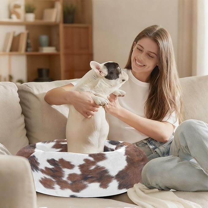 Round Cat Bed Dog Bed,15.7in Cow Print Washable Non-Slip Bottom Soft Pet Bed for Small Medium Dogs and Cats