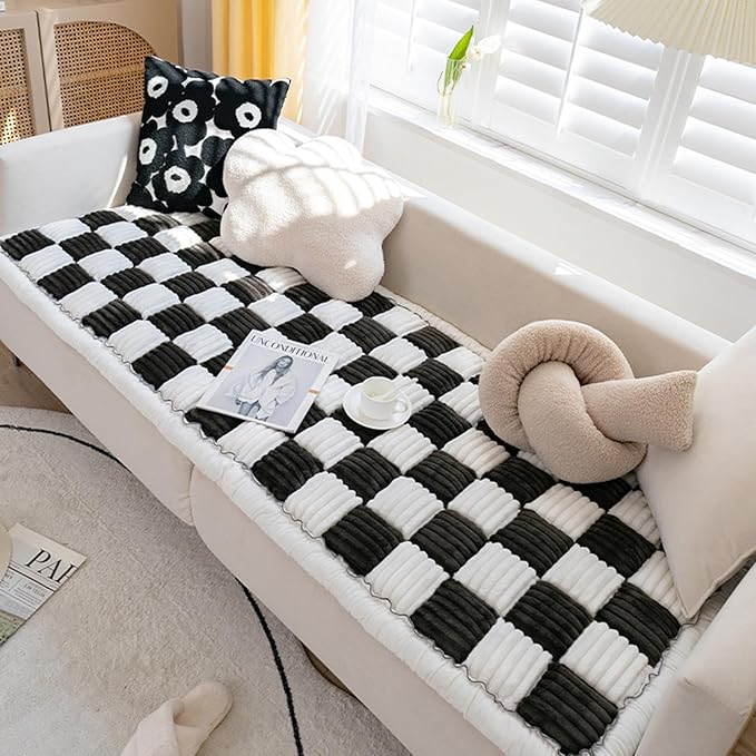 FunnyFuzzy Cream-Coloured Plaid Square Pet Mat Bed Couch Cover, Winter Thickened Dog Bed Cover Pet Blanket Sofa Couch Furniture Protector for Kids Dog Cat(Size:27.6 * 59.06 in,Color:Black)
