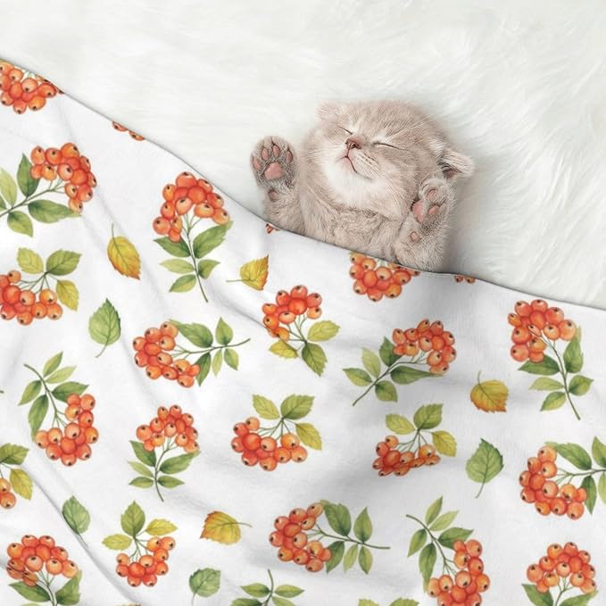 Double Sided Plush Pet Blanket with Cozy Dot Texture and Smooth Reverse, Flower Berries Autumn Orange Art Pattern, Reversible Throw for Dogs Cats on Couches Beds Crates