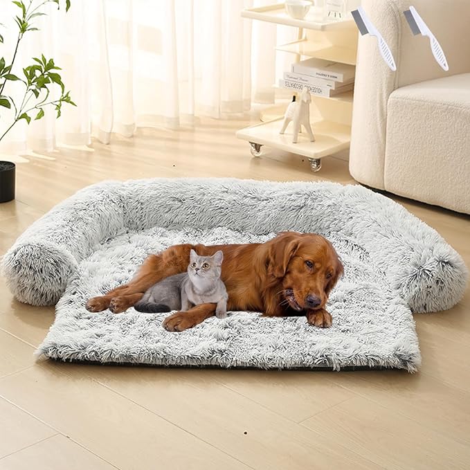 Dream Cloud Pet Sofa Bed for Dogs Cats, 2026 Washable Removable Calming Fluffy Plush Mat for Furniture Protector, Long Fur Non-Slip, for Small/Medium/Large Home Pets (Light Grey, L: 37.4 * 33.5IN)