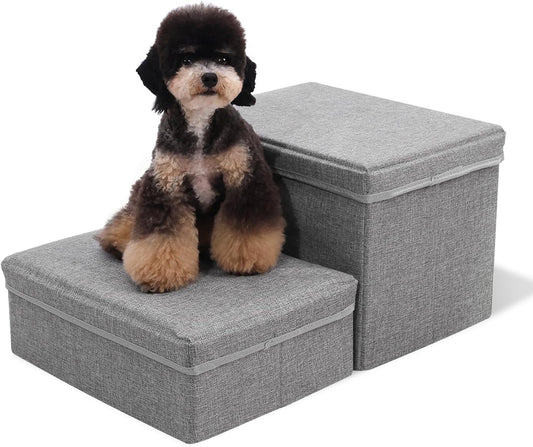 Foldable Dog Stairs/Steps 2-Tier Pet Steps Storage and Adjustable Steps for Small Medium Dogs Pet Steps Storage Stepper for High Beds Sofa Pet Dog Cat (2 Step-Light Grey)