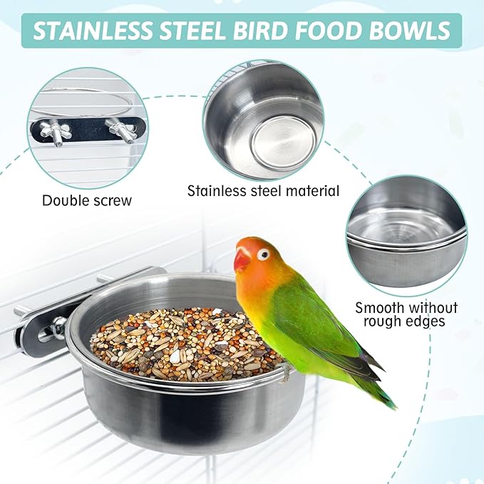 PINVNBY 2PCS Stainless Steel Bird Bowl Parrot Food Water Bowls with Clamp Holder Bird Feeder Dish Cups Crate Bowls for Cockatiel Pigeons Conure Budgies African Greys (Double Screws Size: L)