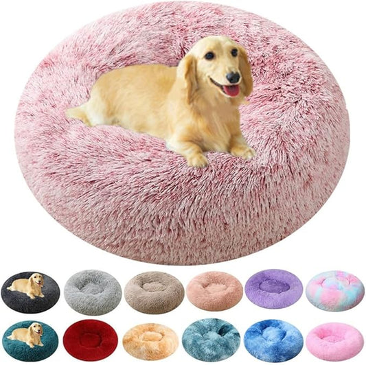 Dog Bed & Cat Bed for Small Medium Dogs, 27 Inch Calming Dogs Bed Anti-Anxiety Machine Washable Fluffy Luxury Anti-Slip Waterproof Pet Puppy Round Bed (Rose White)