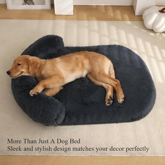 Calming Dog Bed - Fluffy Plush Mat with Removable Washable Cover | Furniture Protector for Large Dogs & Cats(Black,21.65X15.75X4.33in)