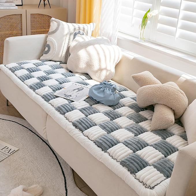 FunnyFuzzy Cream-Coloured Plaid Square Pet Mat Bed Couch Cover, Winter Thickened Dog Bed Cover Pet Blanket Sofa Couch Furniture Protector for Kids Dog Cat(Size:27.6 * 82.7 in,Color:Grey)