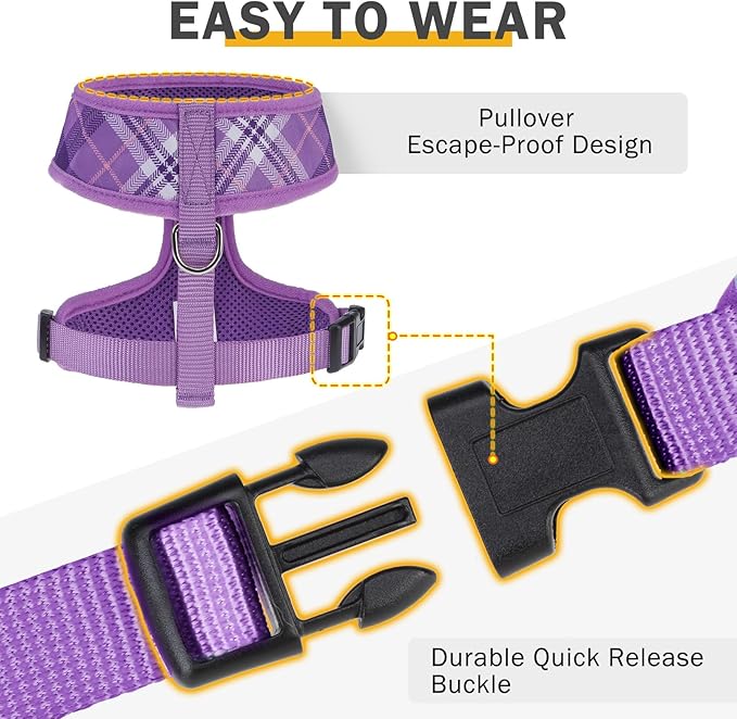 SCENEREAL No Pull Dog Harness Collar and Leash Set Small Medium Sized Dog, Soft Mesh Puppy Harnesses, No Chock Plaid Adjustable Pet Vest for Outdoor Walking Training and Running, Purple S