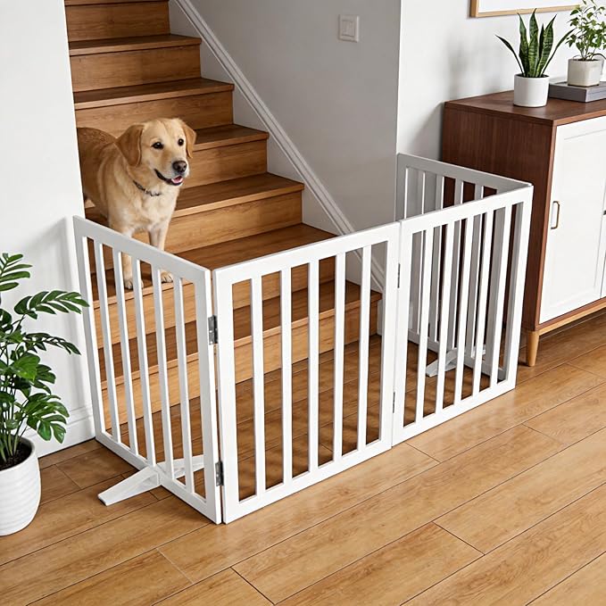ZJSF Freestanding Indoor Dog Gate for House Foldable Wood White Puppy Gate for Doorways Pet Gate for Stairs Extra Wide Pet Fence 32" Height 3 Panels