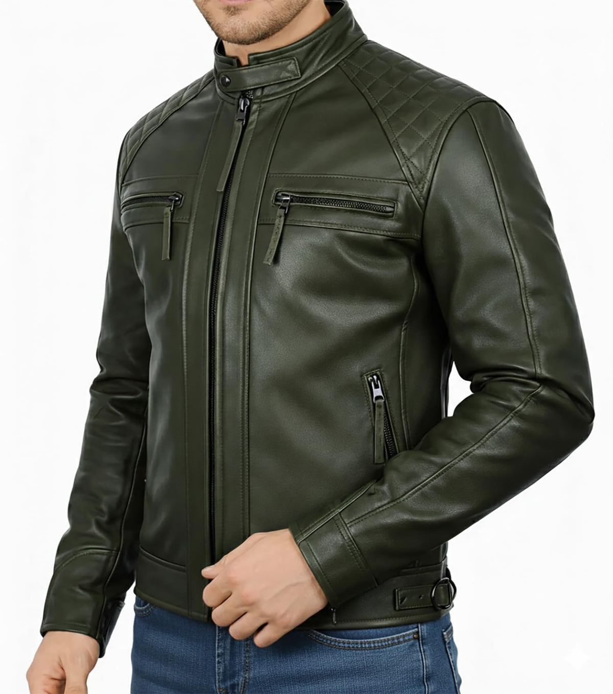 STOREJEES Mens Green Leather Jacket | Diamond Green - XL