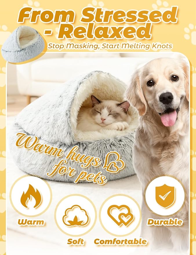 Dog Bed, Dog Bed with Cover Cave, Dual Comfort Design, Pet Bed for Small/Medium/Large Cats and Dogs, Anxiety Relief, Durable & Chew-Proof, Improves Sleep & Behaviour (Gray, 15in)