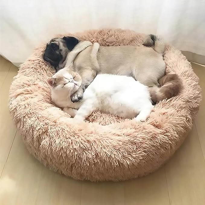 Calming Dog Bed for Small Dogs, Calming Donut Cuddler Pet Bed Anti Anxiety Round Dog Bed Fluffy Plush Faux Fur Cat Bed,Gradient Grey,31.5IN