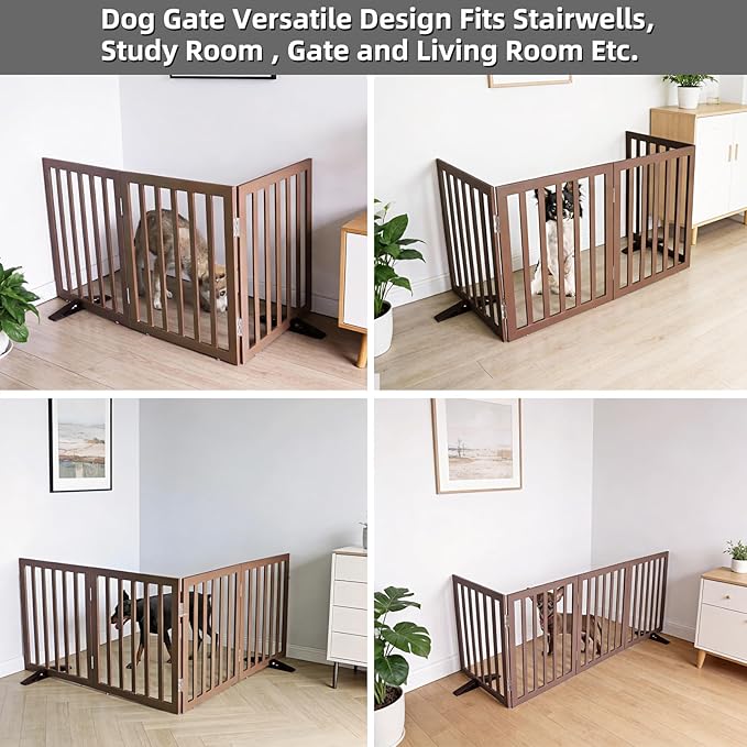 Dog Gate Indoor, Freestanding Dog Fence for The House, Doorways, Hallways,or Stairs,Pet Gate Foldable Wooden,Expandable 24" Height 3 Panels,Brown