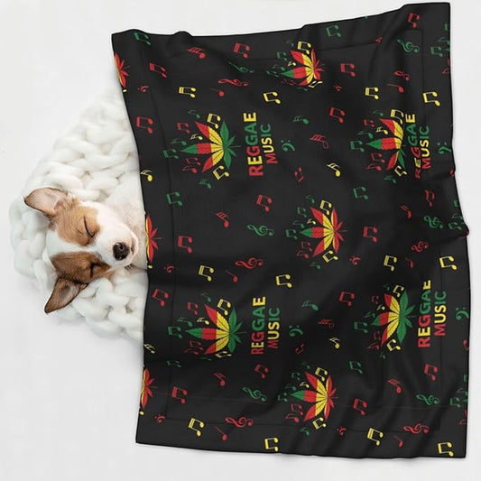 Double Sided Plush Pet Blanket for Small Large Animals, Rasta Reggae Music Note Weedleaf Leaf, Reversible Throw with Dimpled Dot Side and Flat Side for Kennels Living Rooms