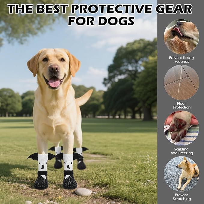 EXPAWLORER Halloween Anti Slip Dog Socks to Prevent Licking Paws, Boots & Paw Protectors with Grippers,Doggie Booties for Hardwood Floors for Small Medium Large Senior Dogs Costume White Ghost Wings S