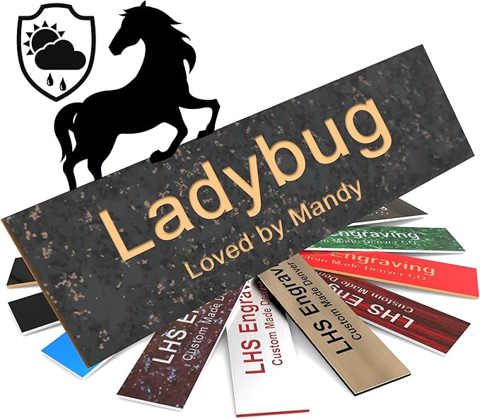 Horse Stall Name Plate, 2x8 Personalized Stall Signs, UV Protected, All Weather Adhesive, Hanging, Mounting or Other, Charcoal Marble Pattern Plastic Gold Letters - Made in USA - S6