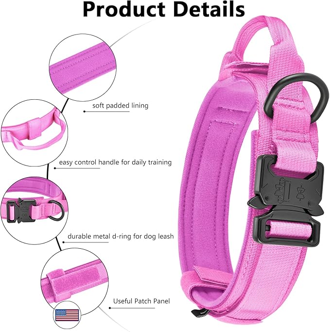 DAGANXI Tactical Dog Collar, Adjustable Military Training Nylon Dog Collar with Control Handle and Heavy Metal Buckle for Medium and Large Dogs, with Patches and Airtags Case (L, Pink-Set)