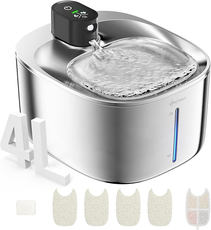 Wireless Cat Water Fountain Stainless Steel,135floz/4L Battery Operated Automatic Pet Fountain,Cordless Cat Water Dispenser Pet Water Fountain for Cats Dogs Pets Outdoor