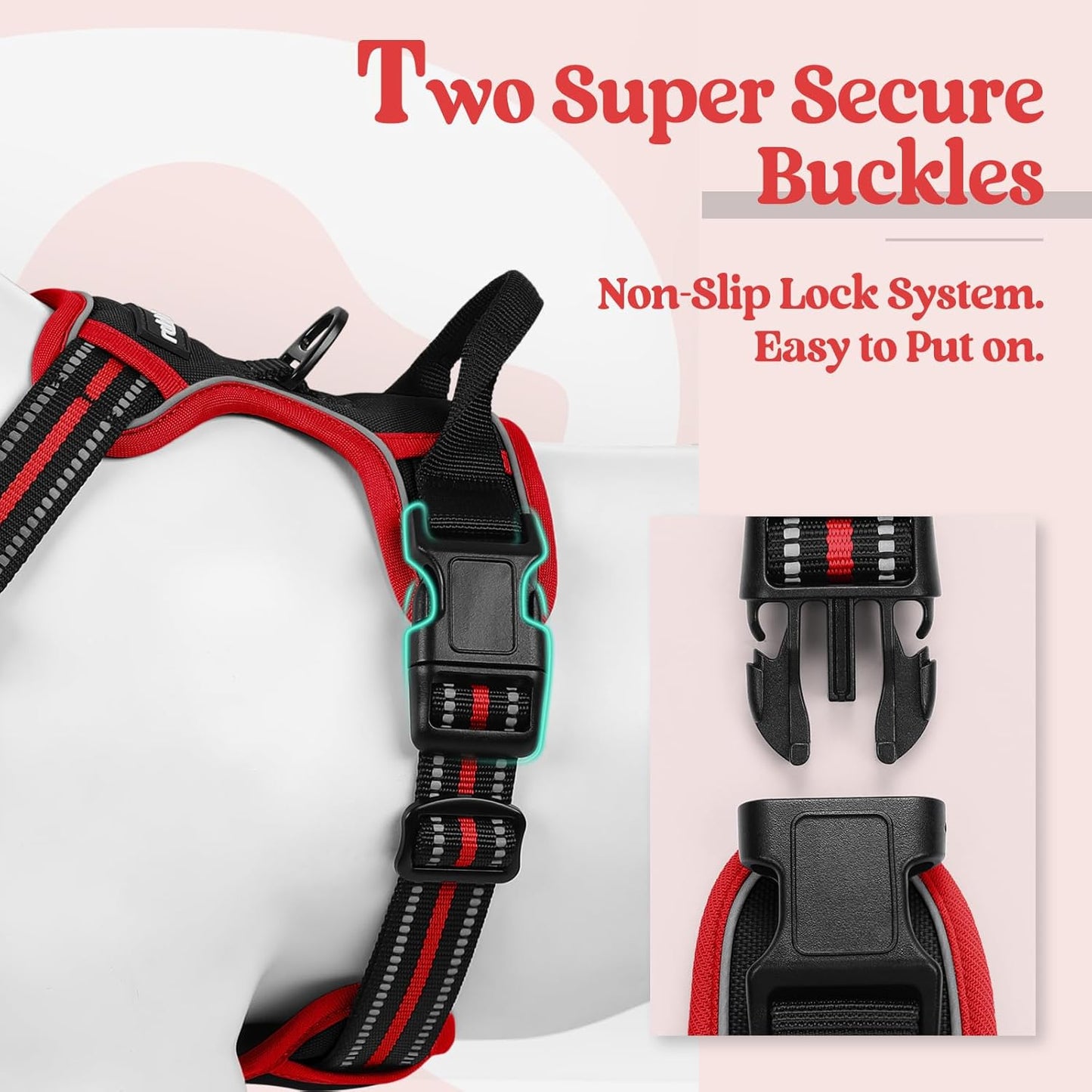 rabbitgoo Dog Harness No Pull with 2 Leash Clips, Adjustable Soft Padded, Reflective Oxford No Choke Pet Vest with Easy Control Handle for Large Dogs, Black & Red, XL
