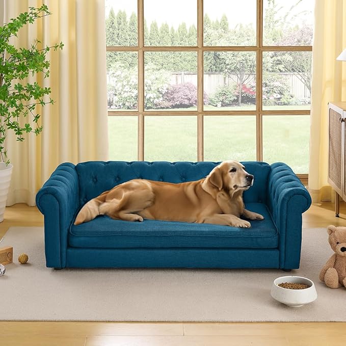 55" Elevated Dog Sofa Couch for Large and Oversized Dogs, Comfortable Linen Fabric Pet Bed with Thick Cushion, Durable Raised Dog Couch with Tufted Armrests, Stylish Modern Pet Furniture