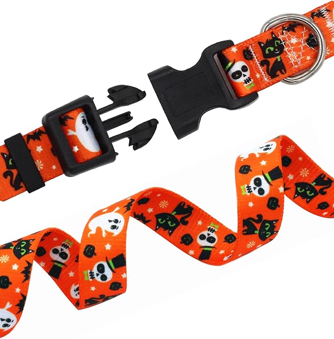 Halloween Dog Collar - Pumpkin Bat Ghost Pattern - Adjustable for Small Medium Large Dogs(Halloween,M)
