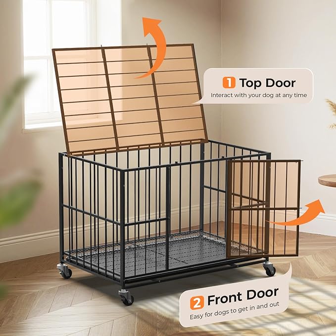 38 Inch Heavy Duty Dog Crate Steel Escape Proof, Dog Kennel Indoor Double Door High Anxiety Cage, Removable Tray, Crate with Wheels,XL