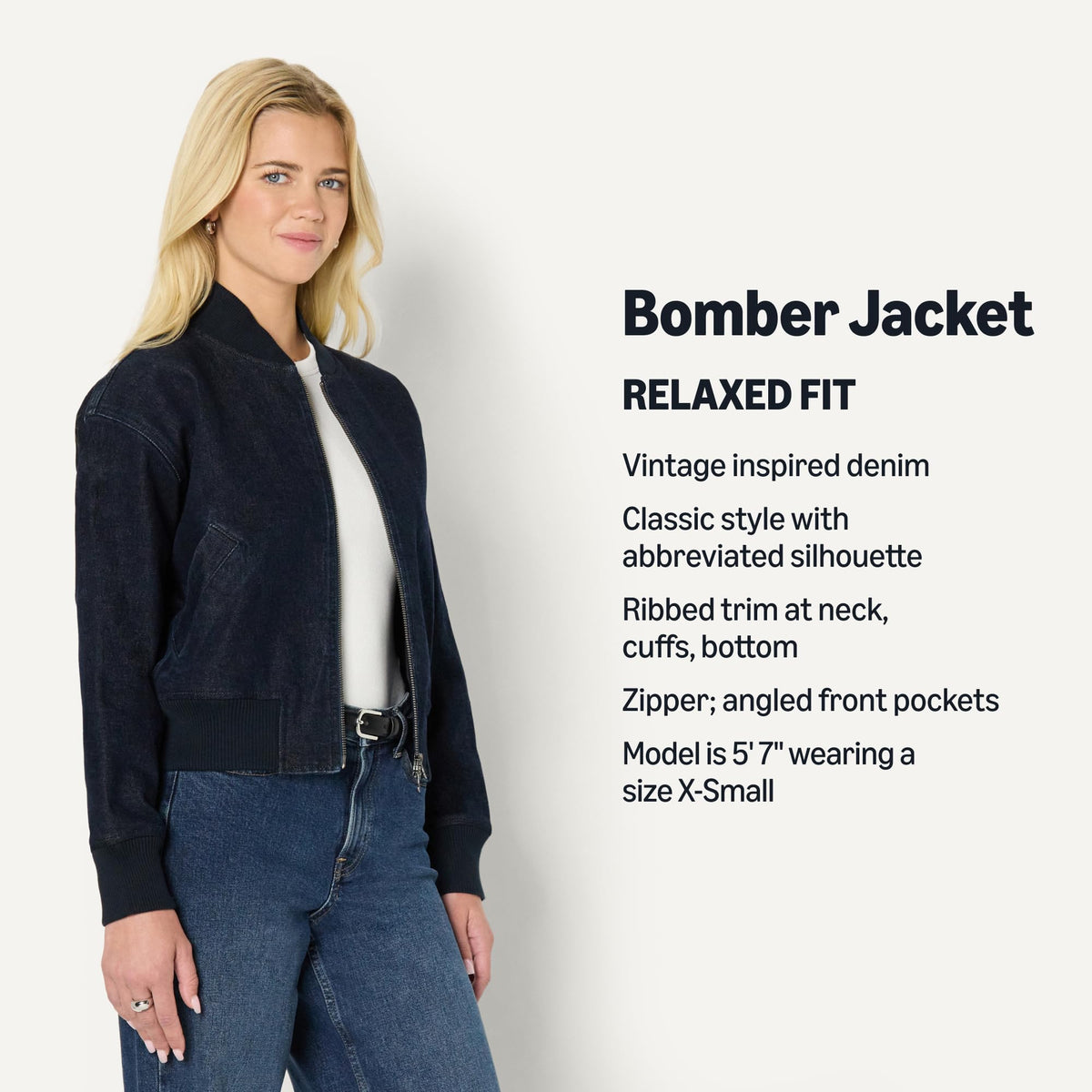 Amazon Essentials Women's Relaxed-Fit Denim Bomber Jacket, Rinse Denim, Large