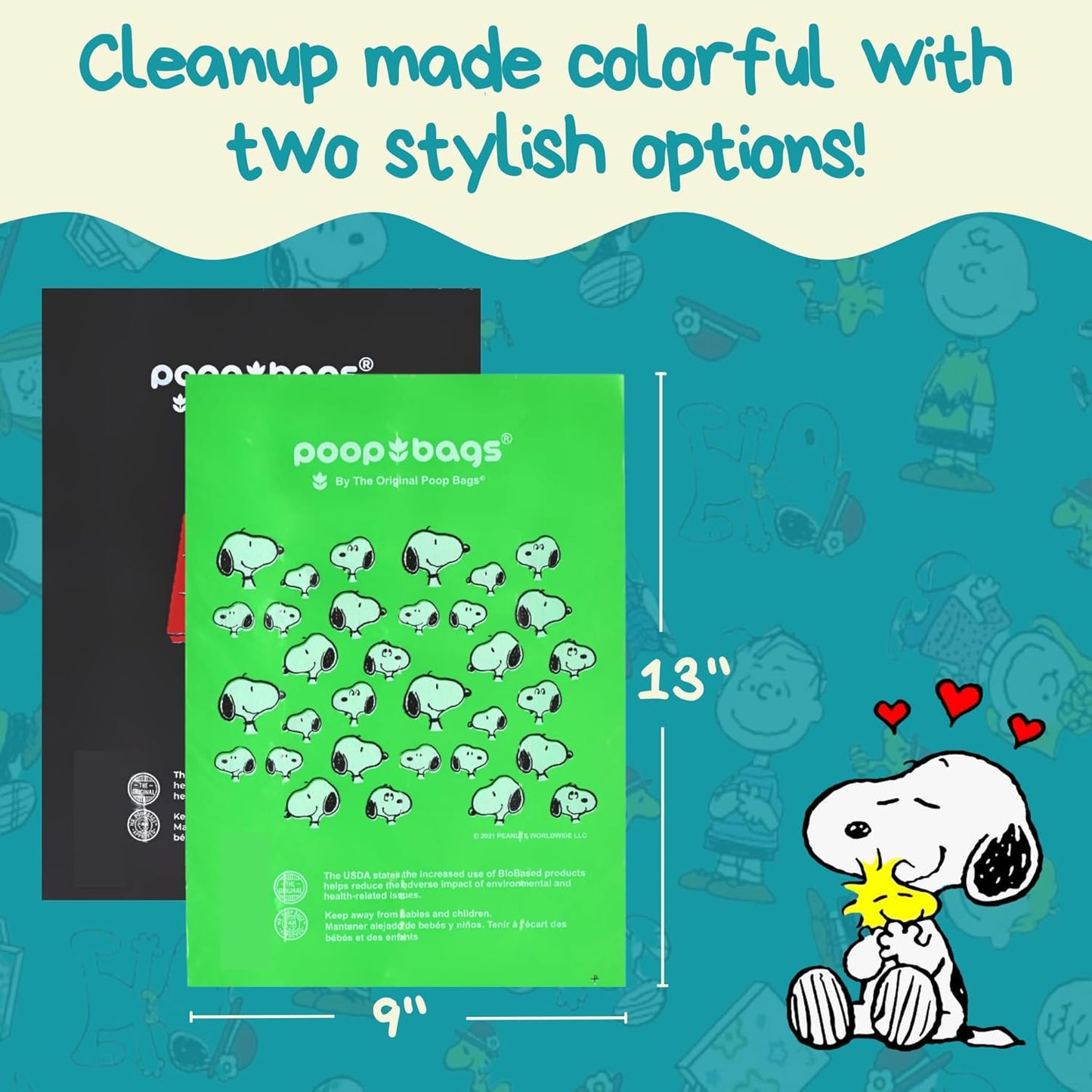 The Original Poop Bags® 38% USDA Biobased Pet Waste Bags, Peanuts Design, Leak-Resistant & Durable, Black/Green (720 Count (Pack of 2))