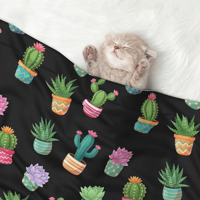 Double Sided Plush Pet Blanket for Small Large Animals, Succulent Cactus Potted Plants, Reversible Throw with Dimpled Dot Side and Flat Side for Kennels Living Rooms
