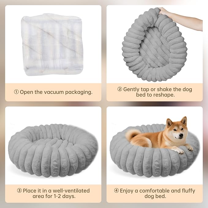 Donut Dog and Cat Bed, Luxurious Comfortable Faux Rabbit Fur Pet Beds, Round Anti-Anxiety Calming Puppy Kitten Bed with Anti-Slip Bottom for Small Medium Dogs & Cats(28", Grey)