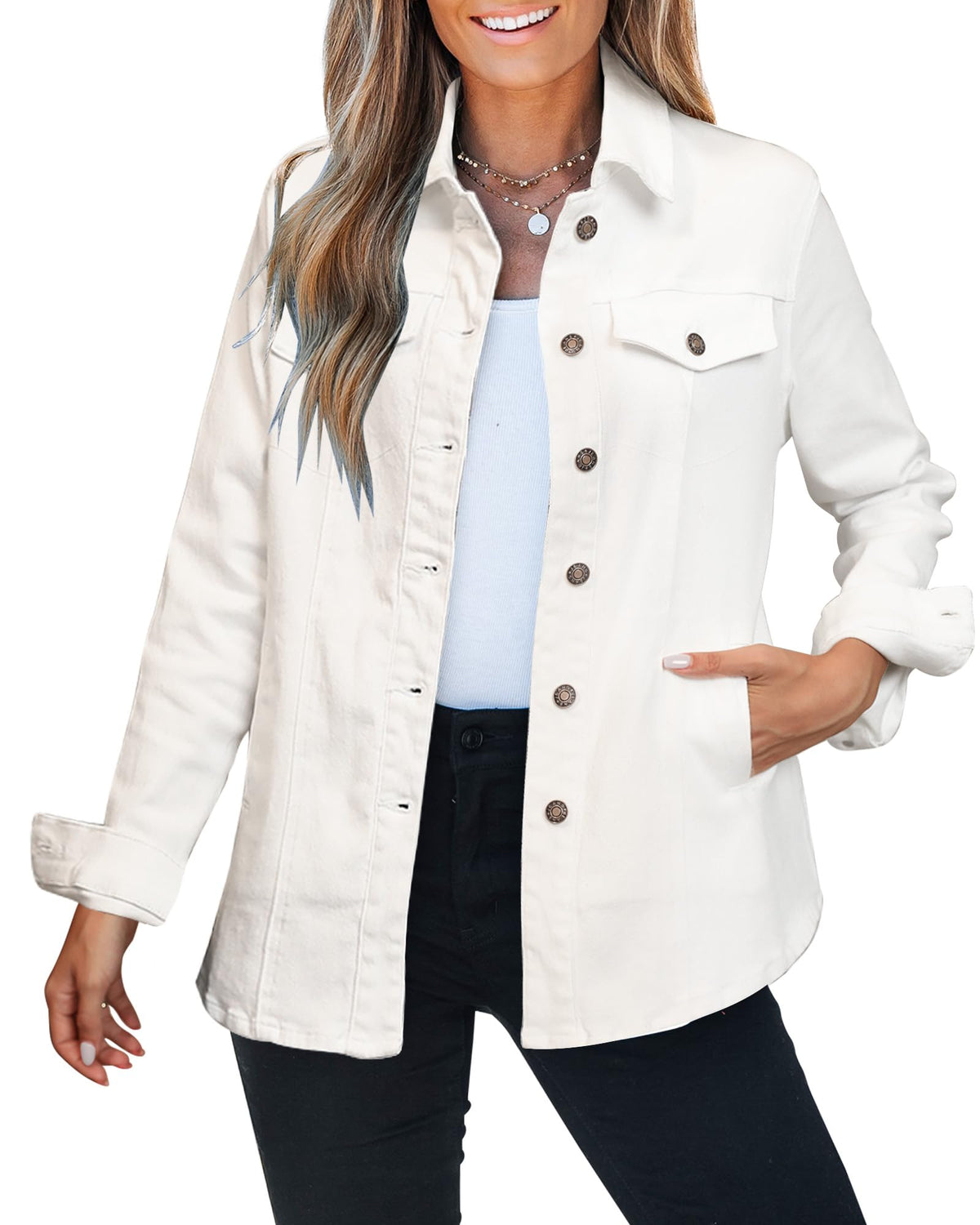 Luvamia Oversized White Denim Jacket for Women - Bomber Coat - Size Large