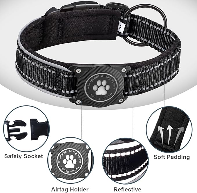 Airtag Dog Collar with Waterproof Air Tag Holder, Luminous Reflective, Soft Padded, Adjustable Nylon Pet Collar for Small Medium Large Heavy Duty Dogs,Black, M