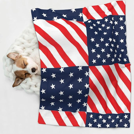 Reversible Pet Blanket for Sofa Protection Pet Comfort, American Flag Plaid Pattern, Double Sided Design with Cozy Nubby Nap Side and Durable Smooth Play Side
