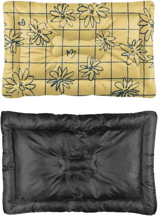 Grid Floral Yellow Vintage Dog Bed Furniture Mattress for Dog Bed Pad Washable Crate Washable Non-Slip Puppy Crate for Kennel Mats Crates Pillows Medium Dogs Indoor Outdoor 36X24 Inch