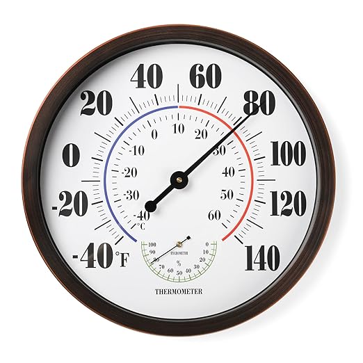 Indoor Outdoor Thermometer Wall Large Numbers Thermometer No Battery 12" Hanging Digital Weather Hygrometers for Home Garden Outside Patio Decor (Brown)