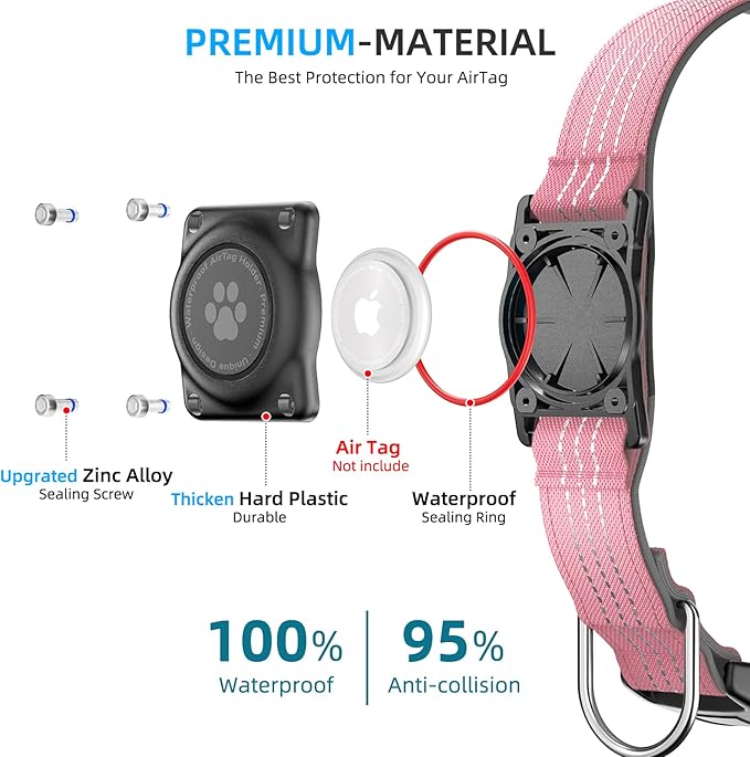 Upgraded AirTag Dog Collar, IP68 Waterproof Air Tag Dog Collar Holder, Reflective, Ultra-Durable, Comfortable Padded, Heavy Duty Dog Collars for Small Medium Large Dogs (M (12.6"-17.1"), Pink)