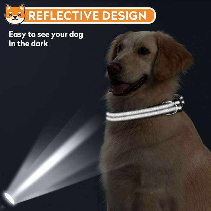Reflective Dog Collar, Adjustable Soft Neoprene Padded Nylon Pet Collars with Buckle for Small Dogs, Black,S